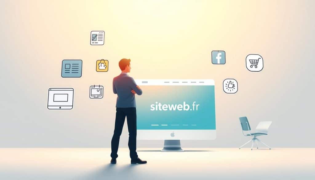A modern, minimalist illustration depicting various specializations of a webmaster. In the foreground, a figure representing a webmaster stands confidently, surrounded by floating icons symbolizing web design, SEO, content management, e-commerce, and social media marketing. The middle ground features a sleek, responsive website mockup showcasing the "site-web.fr" brand. The background is a clean, gradient-based environment, conveying a sense of professionalism and technological prowess. The overall scene is illuminated by a warm, directional lighting, highlighting the webmaster's expertise and the versatile nature of their role.
