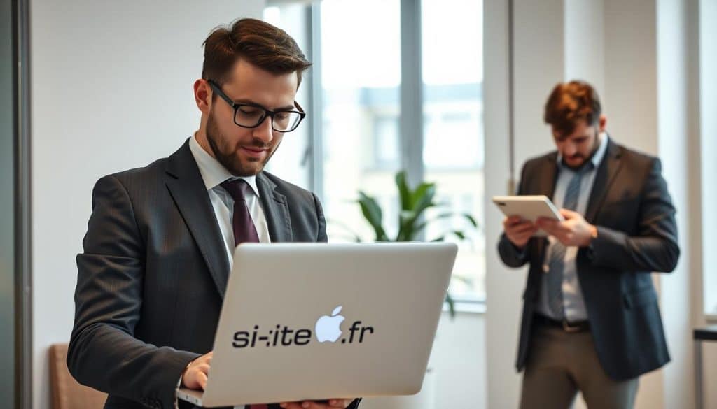 A professional in a suit and tie, standing in a well-lit office, working diligently on a laptop emblazoned with the "site-web.fr" logo. In the background, a prestataire externe, a casual-dressed freelance web developer, reviews designs and code on their own device. The office space is modern, with clean lines and minimalist decor, reflecting the contrasting approaches of the two figures. The scene conveys the decision facing a business - whether to maintain website management in-house with an experienced webmaster, or to outsource to an external web development provider. A professional in a suit and tie, standing in a well-lit office, working diligently on a laptop emblazoned with the "site-web.fr" logo. In the background, a prestataire externe, a casual-dressed freelance web developer, reviews designs and code on their own device. The office space is modern, with clean lines and minimalist decor, reflecting the contrasting approaches of the two figures. The scene conveys the decision facing a business - whether to maintain website management in-house with an experienced webmaster, or to outsource to an external web development provider.