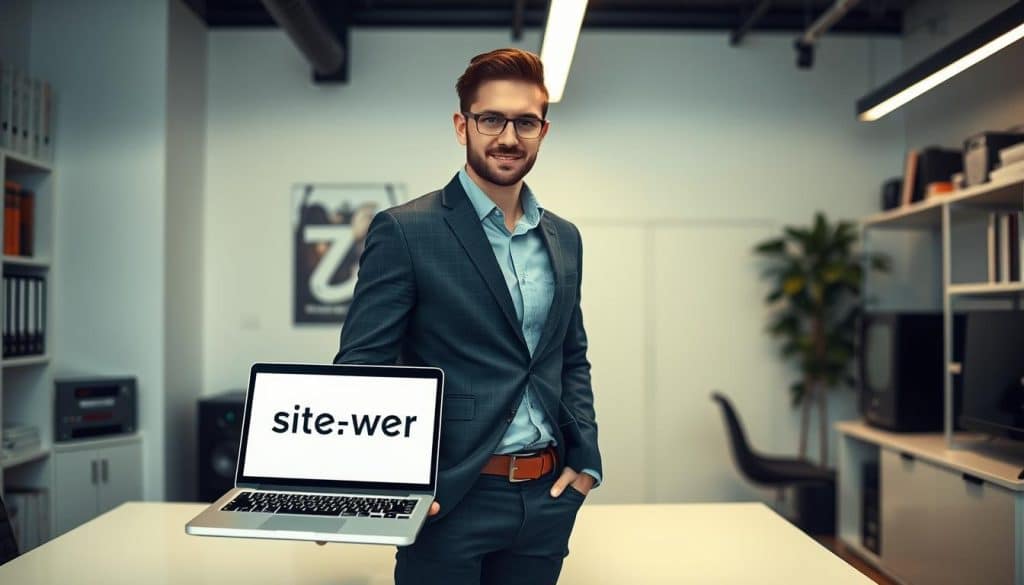 A professional webmaster standing confidently in a modern office setting, surrounded by a sleek, minimalist workspace. The lighting is soft and balanced, creating a warm, inviting atmosphere. The webmaster is dressed in business casual attire, their eyes focused on a laptop screen displaying the "site-web.fr" logo. In the background, shelves of books and electronic equipment suggest a depth of technical knowledge. The overall scene conveys the webmaster's expertise, dedication, and the dynamic nature of their role in the digital landscape.