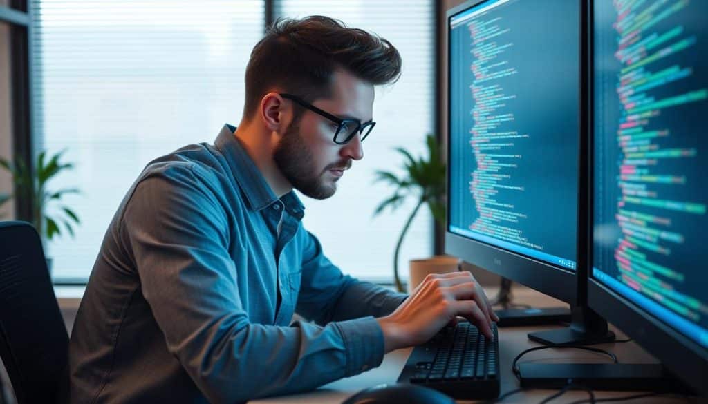 Image d'un professionnel travaillant sur son ordinateur avec des lignes de code à l'écran Image d'un professionnel travaillant sur son ordinateur avec des lignes de code à l'écran