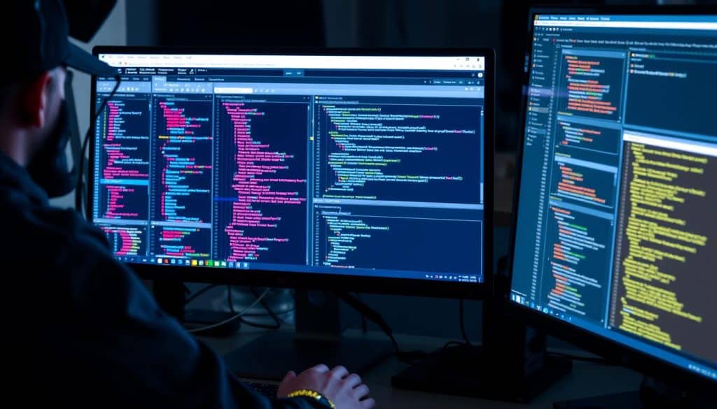 Image d'un professionnel travaillant sur son ordinateur avec divers outils de développement web affichés sur l'écran. Image d'un professionnel travaillant sur son ordinateur avec divers outils de développement web affichés sur l'écran.