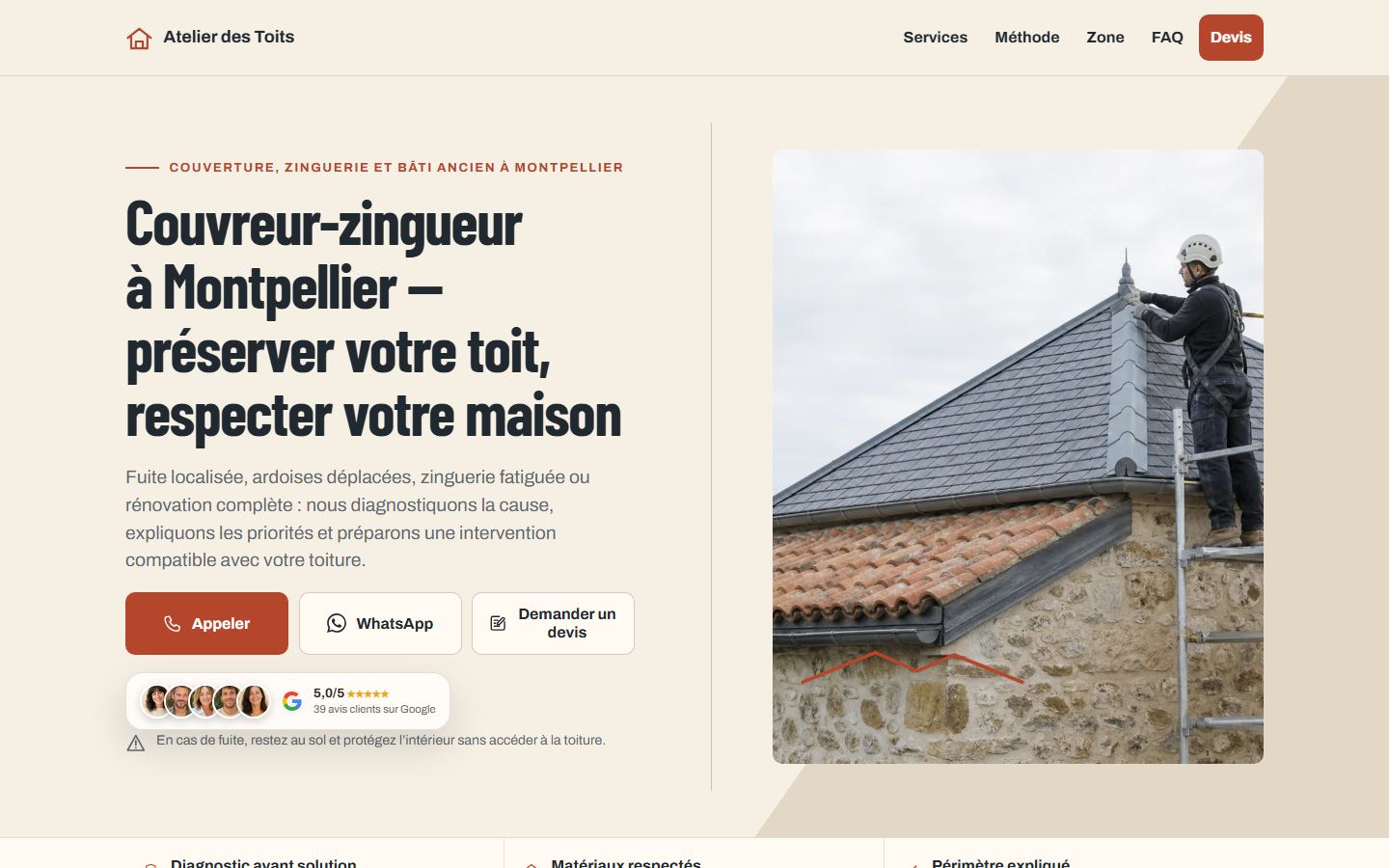 Site internet couvreur — modèle Patrimoine Protecteur à Vendres