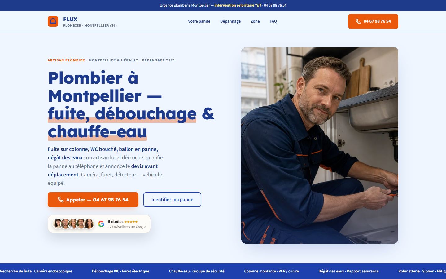 Création site internet plombier Castries — Site internet plombier urgence — modèle Flux Urgence