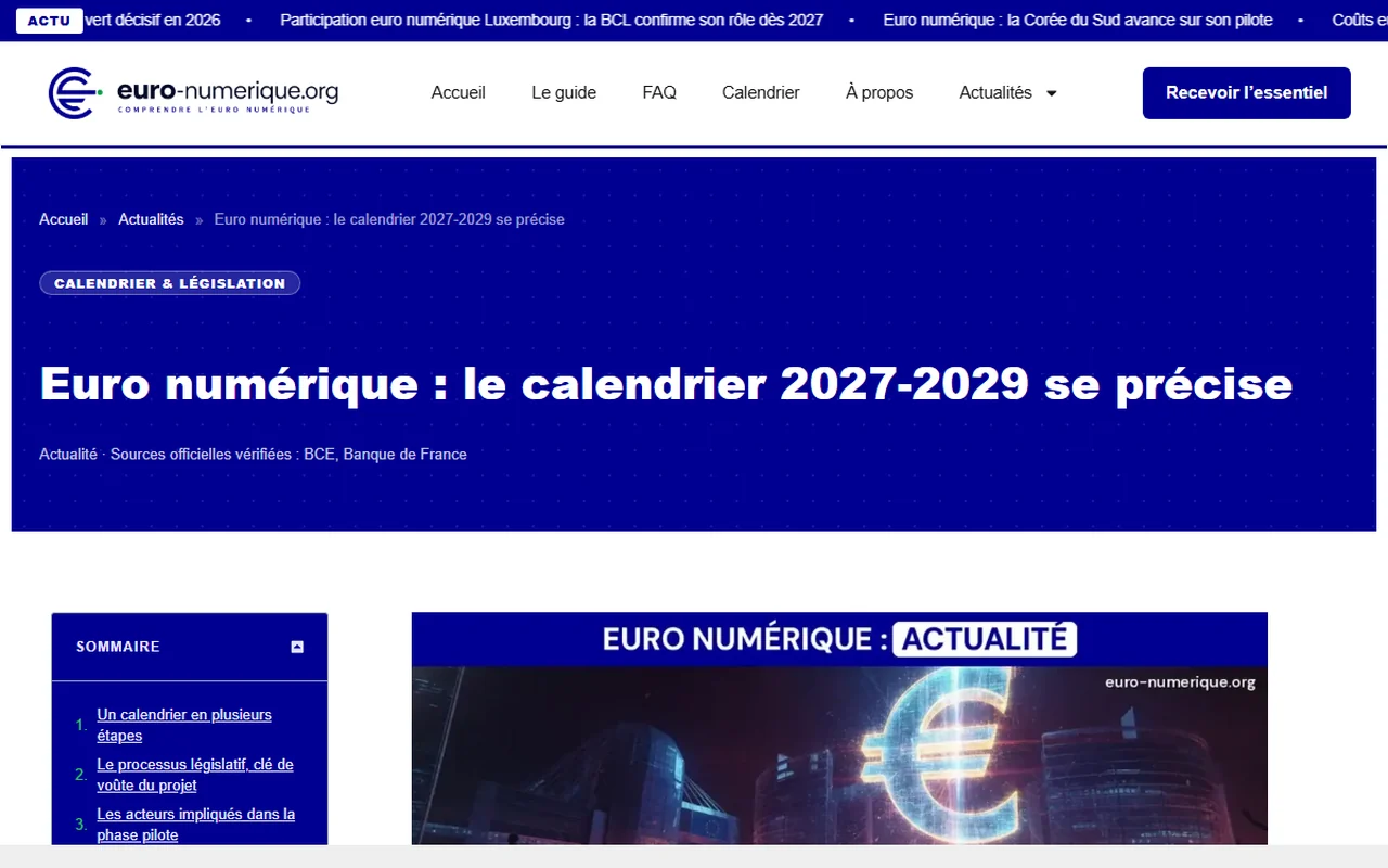 Site média automatisé : euro-numerique.org, 1 article par jour sans intervention Le calendrier 2027-2029 de l'euro numérique