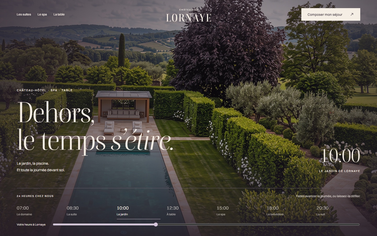 Château de Lornaye : un site de château-hôtel au fil des heures À 10:00, le jardin et sa piscine