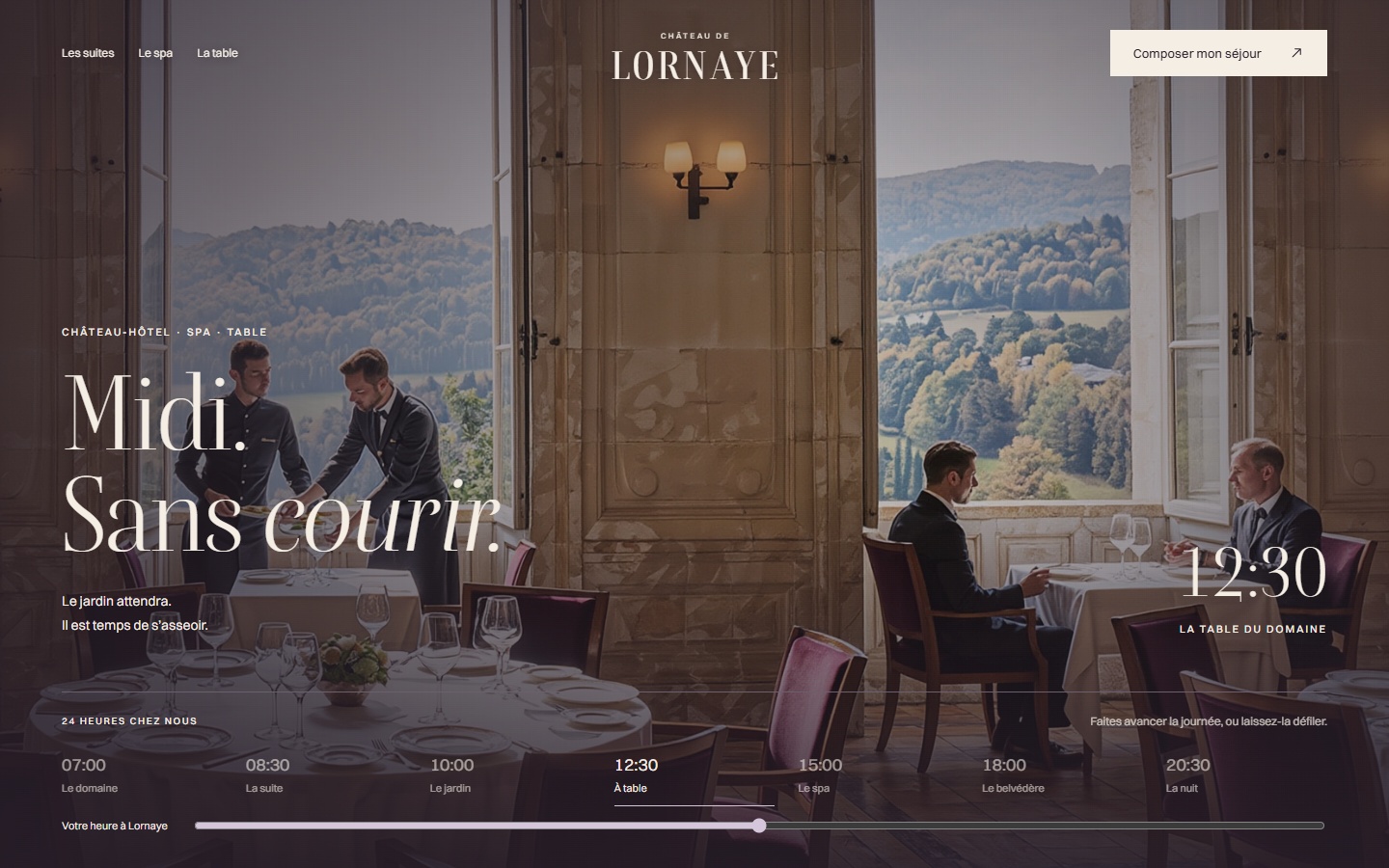 Château de Lornaye : un site de château-hôtel au fil des heures À 12:30, le restaurant et le service devant la vallée
