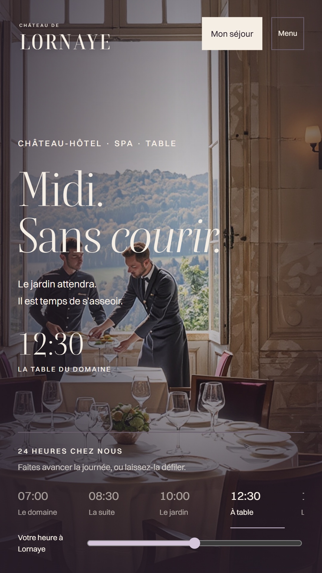 Château de Lornaye : un site de château-hôtel au fil des heures Le restaurant de Lornaye sur téléphone avec le cadran à 12:30