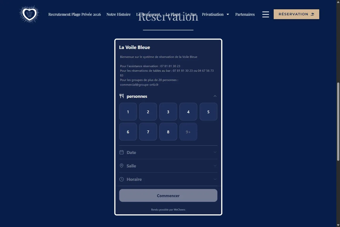 Module de réservation WeCheers intégré au site de La Voile Bleue