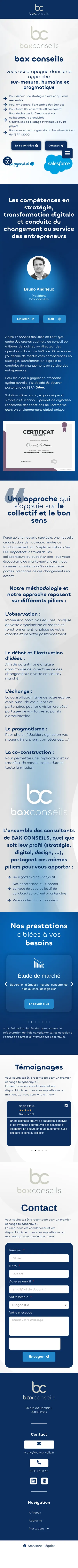 Capture sur mobile du site Bax Conseils — Accueil